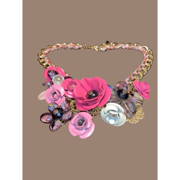 Lilac Crystal Floral Statement Vintage Flower Braid Lobster Necklace Gold-tone - Picture 1 of 10